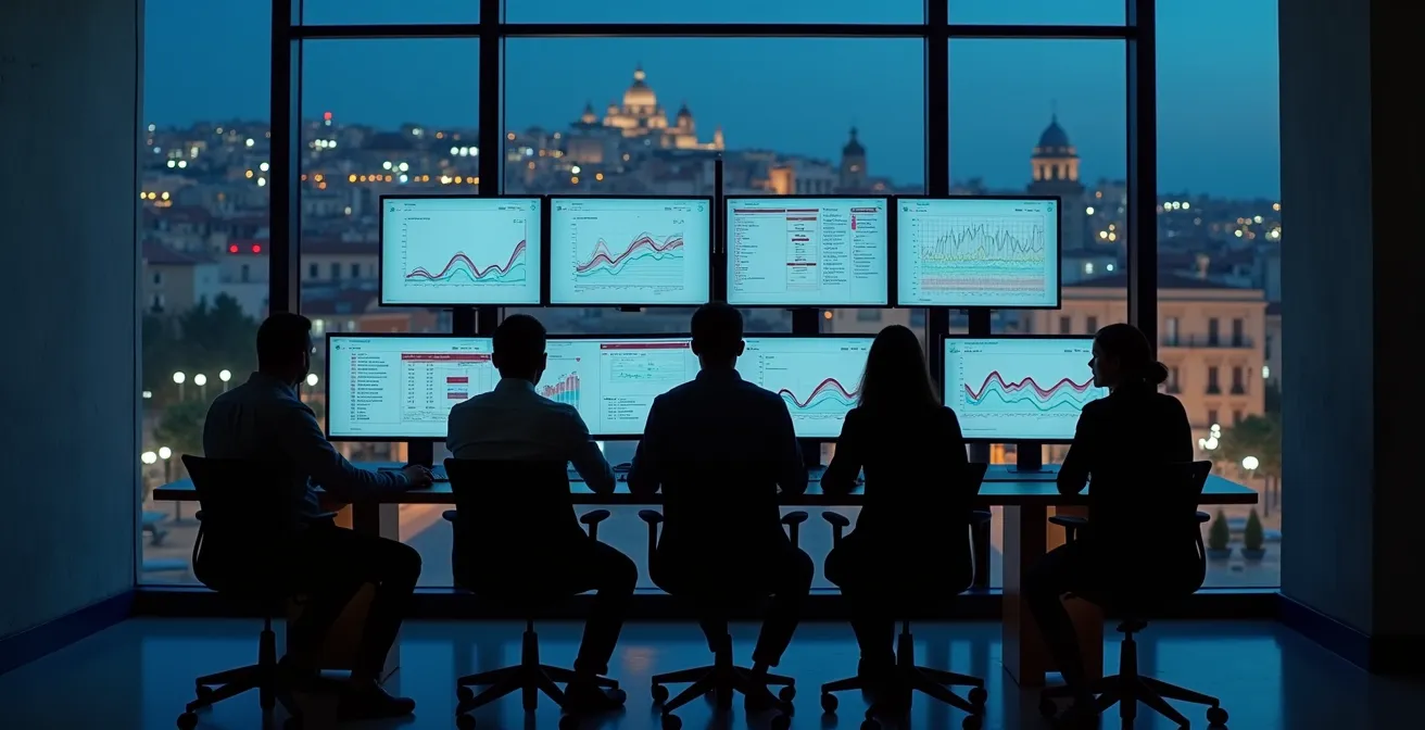 Vista amplia de centro de control con análisis de datos de conversión por franjas horarias