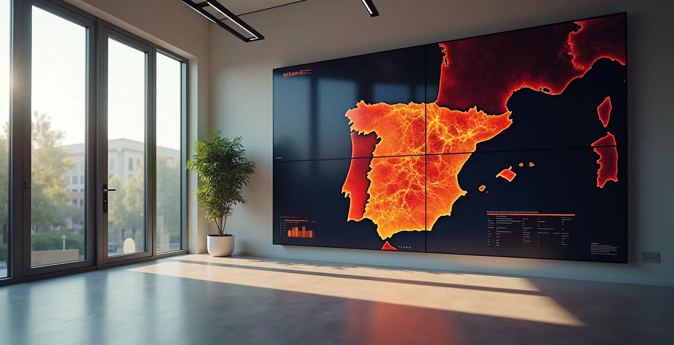 Vista aérea de mapa topográfico con puntos de calor representando concentración de incidencias por región