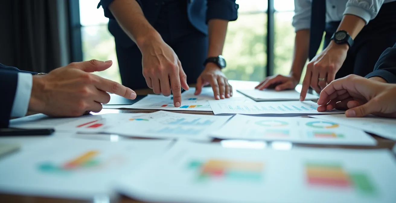 Manos profesionales señalando gráficos de análisis de riesgos en mesa de reuniones