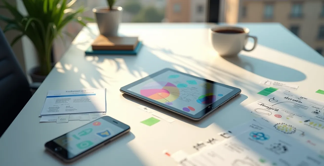 Vista aérea de escritorio con mapas de redes, dispositivos móviles y documentos de estrategia sin texto visible