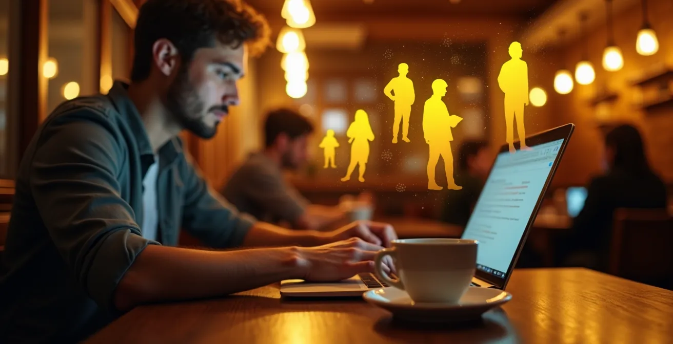 Creador de contenido escribiendo una newsletter en una cafetería de Madrid, con su audiencia representada como siluetas luminosas que simbolizan la conexión.