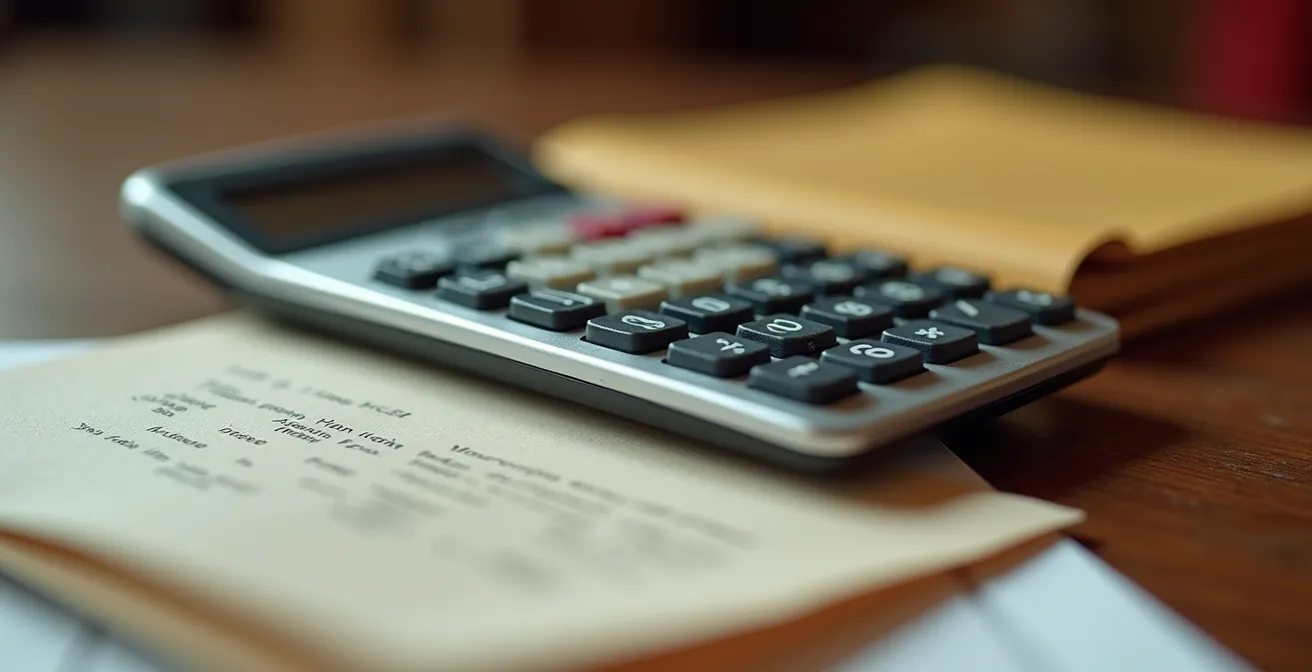 Calculadora y facturas sobre mesa de trabajo en oficina española