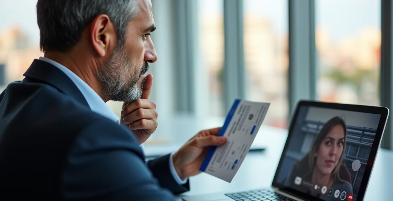 Ejecutivo analizando costes de viaje versus reunión virtual en oficina española