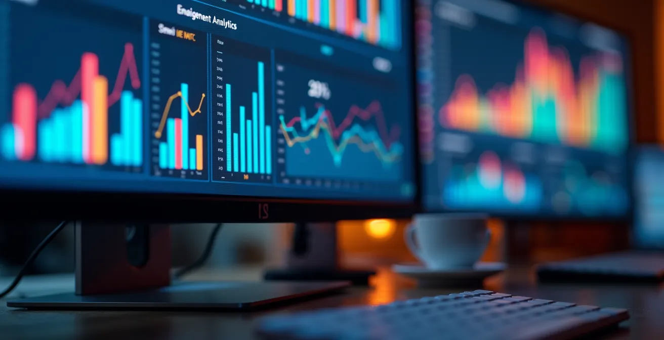 Pantalla de ordenador mostrando gráficos de email marketing con elementos borrosos y sin texto legible