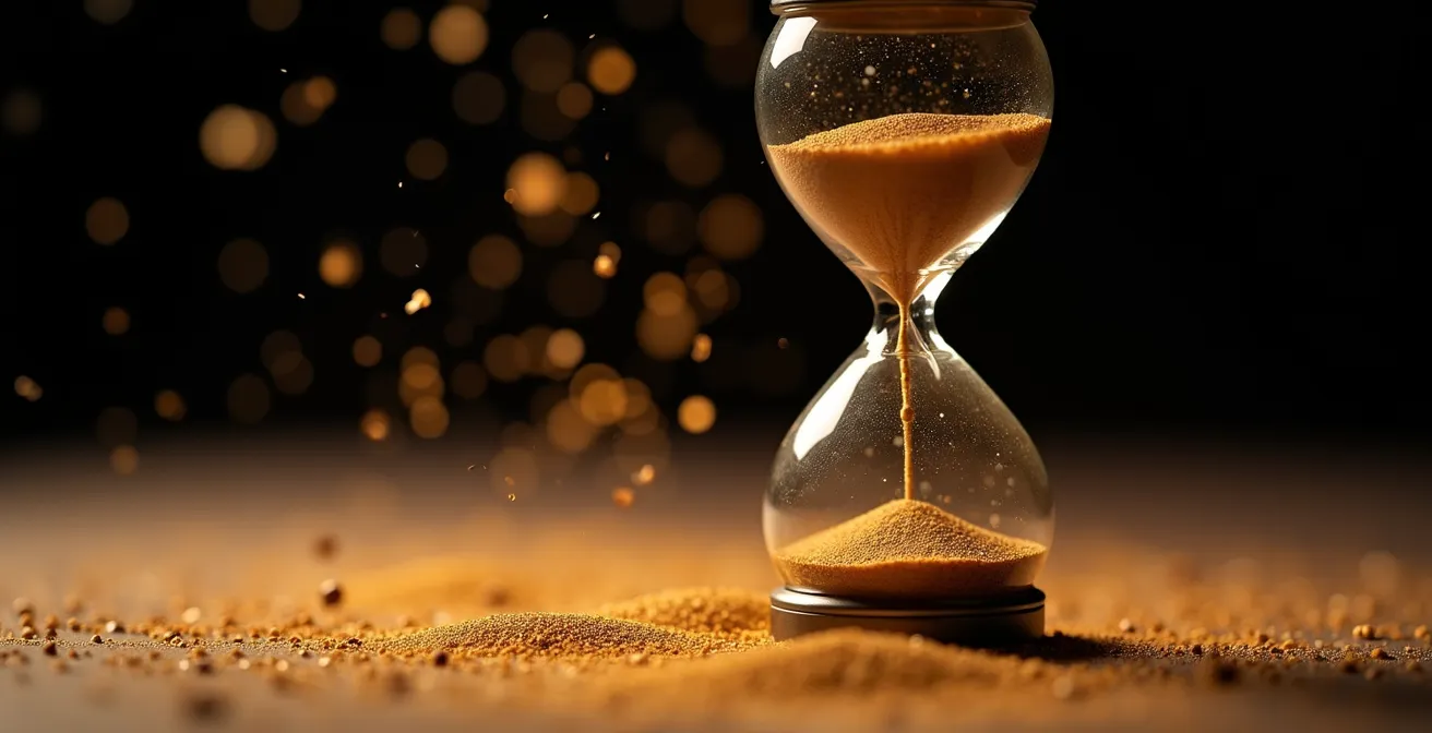 Reloj de arena con partículas doradas representando la urgencia de compra en una promoción de marketing.