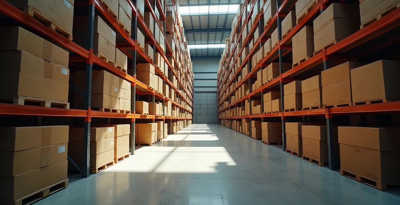 Vista panorámica de almacén mostrando el impacto financiero del exceso de inventario en las estanterías.