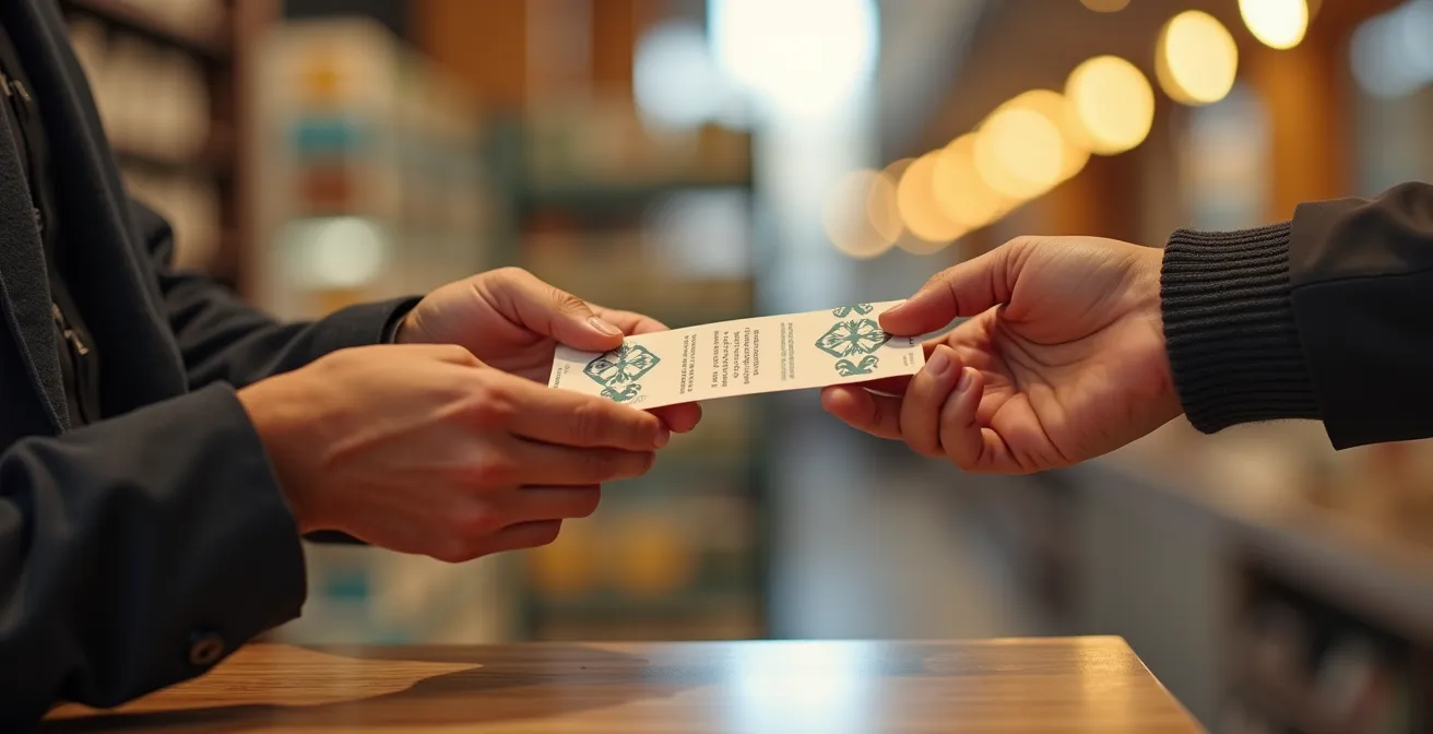 Mano de un cliente sosteniendo un cupón de descuento físico con textura premium en el mostrador de una tienda.