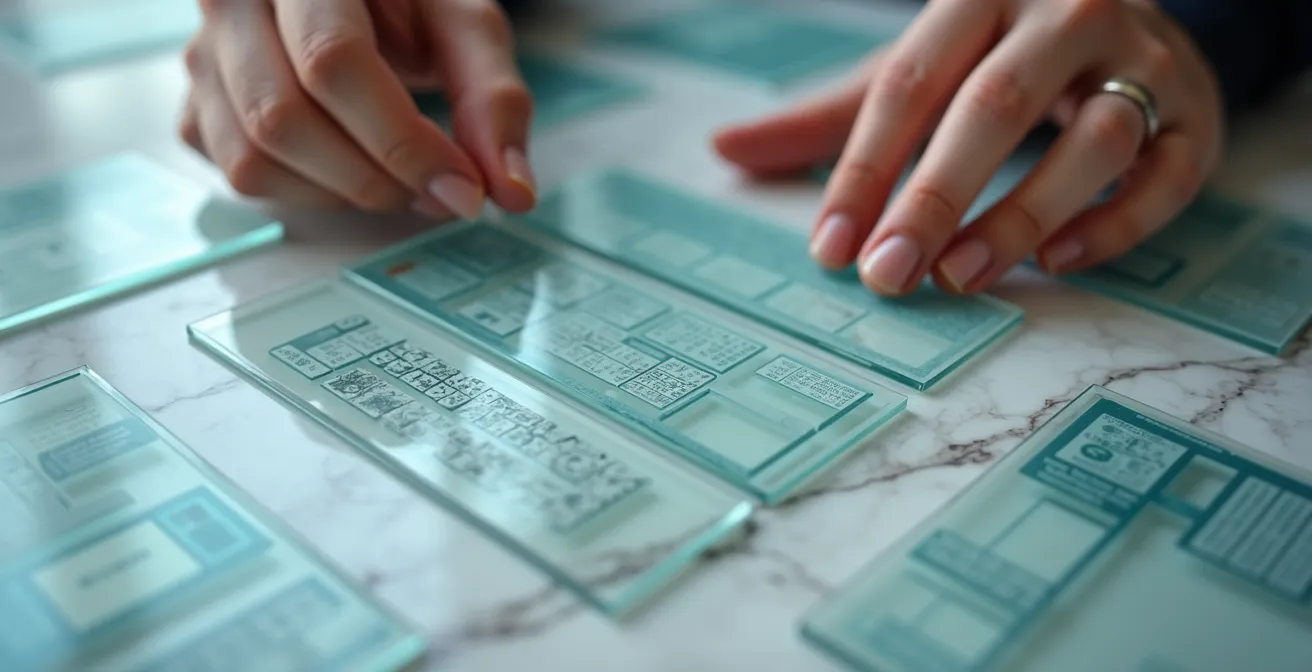 Vista macro de manos organizando tarjetas de cristal translúcido con símbolos abstractos de información