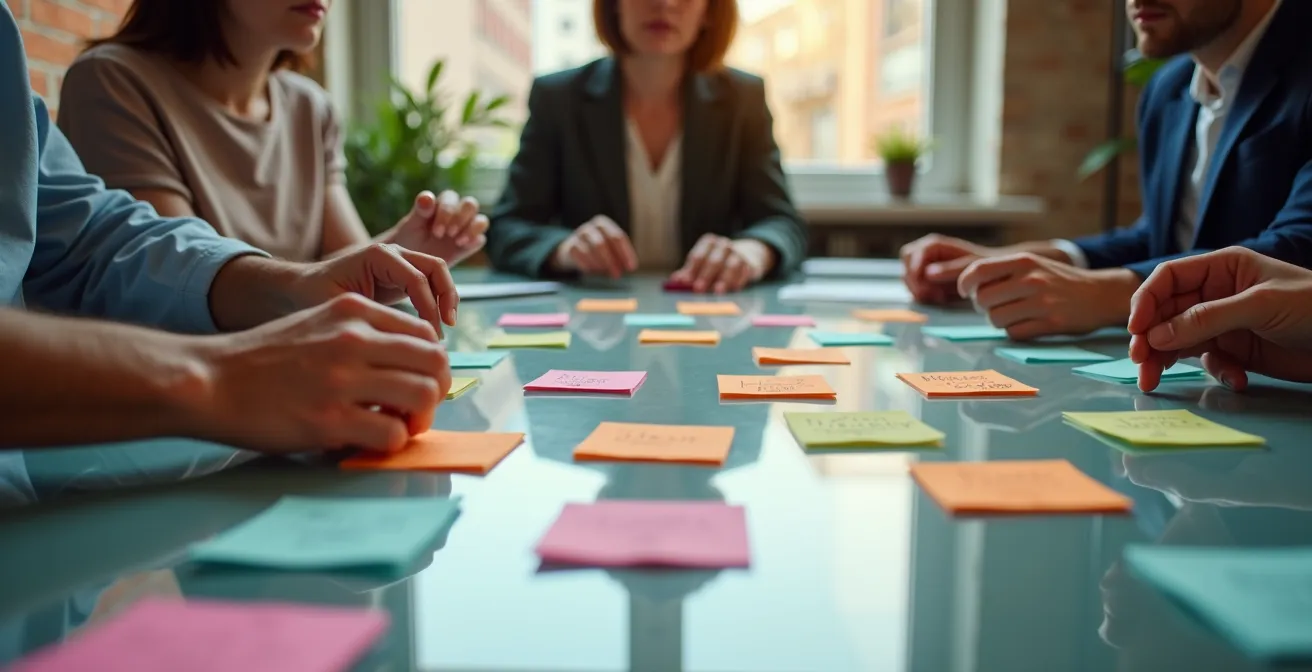 Equipo de PYME trabajando en sesión de Design Thinking con post-its y herramientas visuales
