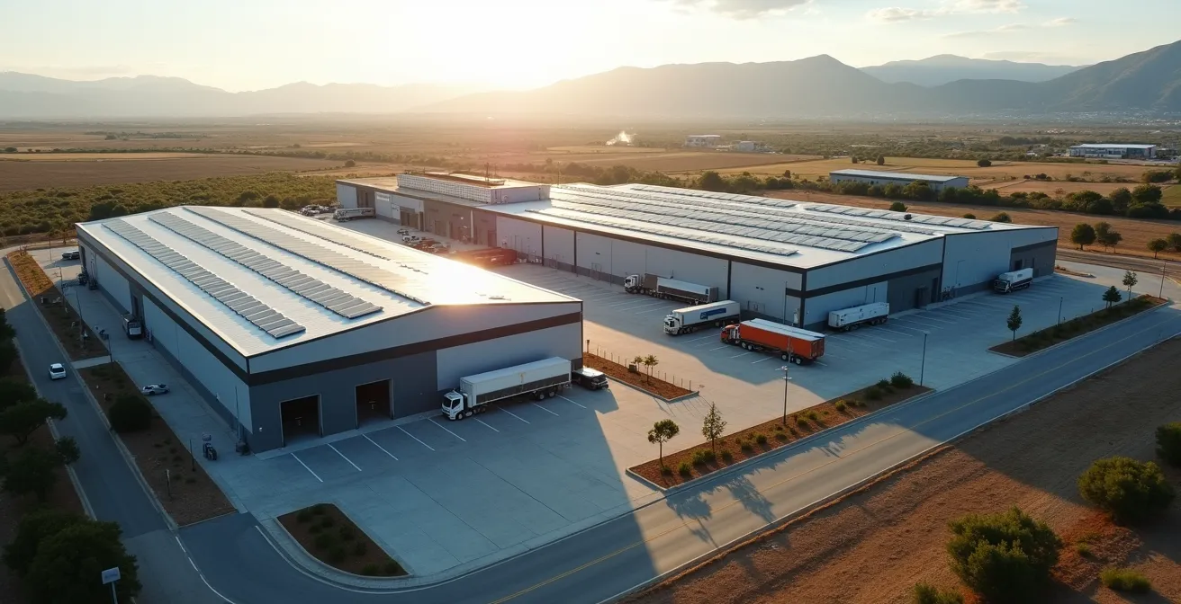 Vista aérea de polígono industrial español con naves y camiones de transporte