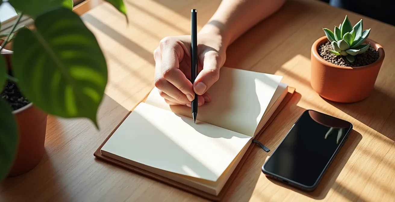 Vista cenital de un escritorio español con café, móvil mostrando notificación y manos escribiendo en un cuaderno, ambiente cálido de oficina en casa