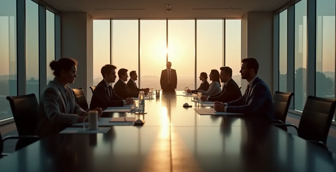 Equipo directivo en sala de crisis con ambiente tenso pero profesional durante reunión de emergencia