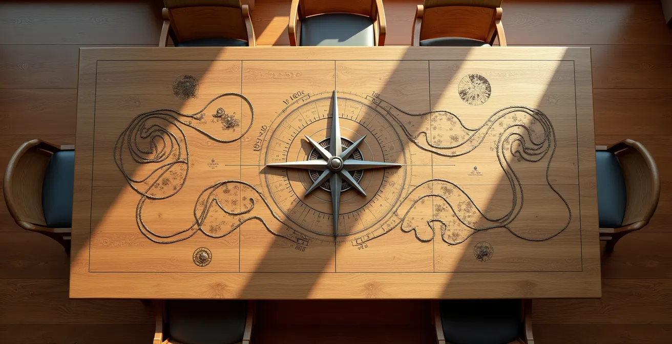 Vista aérea de tablero estratégico con elementos que representan planificación a largo plazo