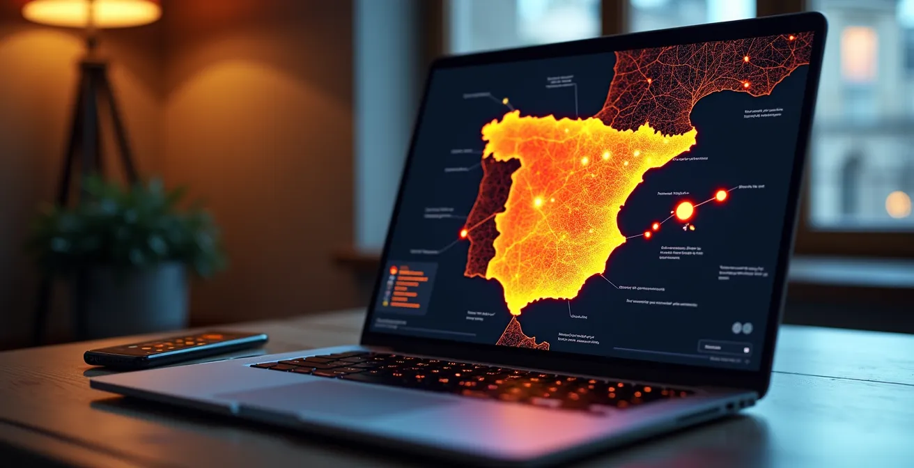Vista de pantalla mostrando mapa de España con puntos de localización y gráficos de búsqueda sin texto visible