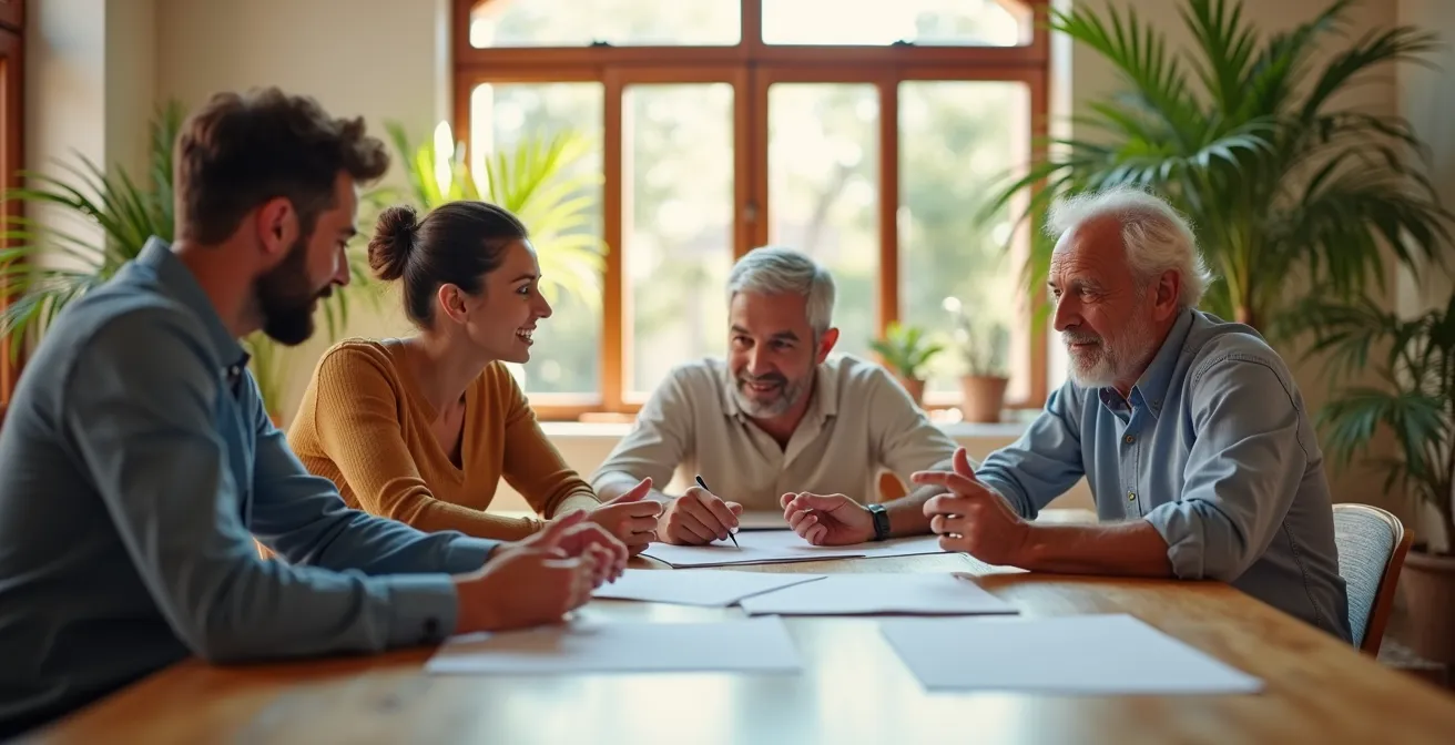 Reunión familiar profesional discutiendo inversión en startup con documentos en mesa