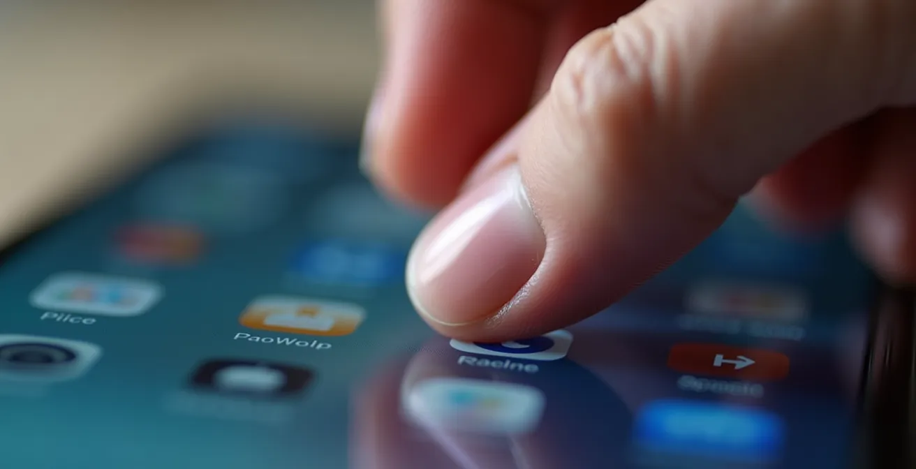 Primer plano macro de un dedo intentando tocar una pantalla móvil con elementos de interfaz diminutos