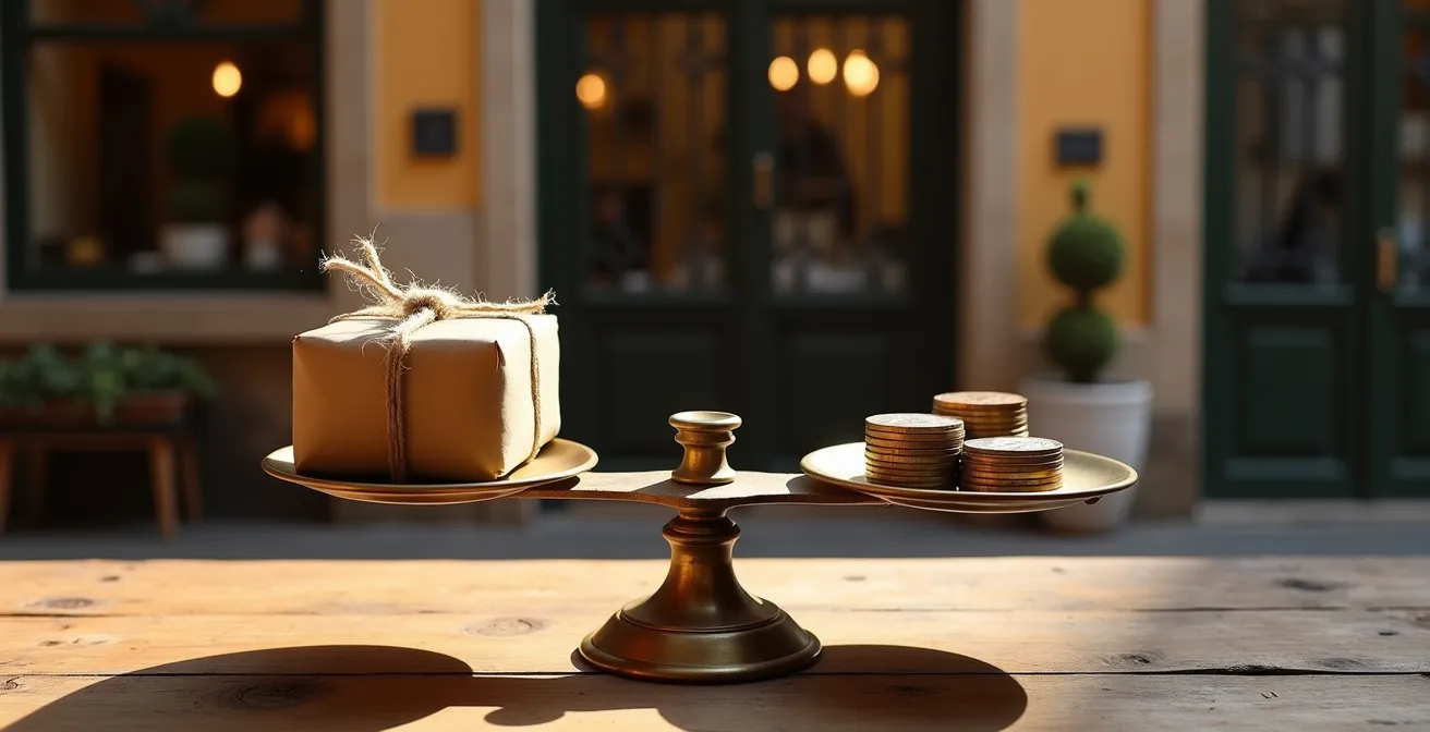 Balanza equilibrando un paquete de devolución y monedas, simbolizando el equilibrio entre satisfacción del cliente y rentabilidad