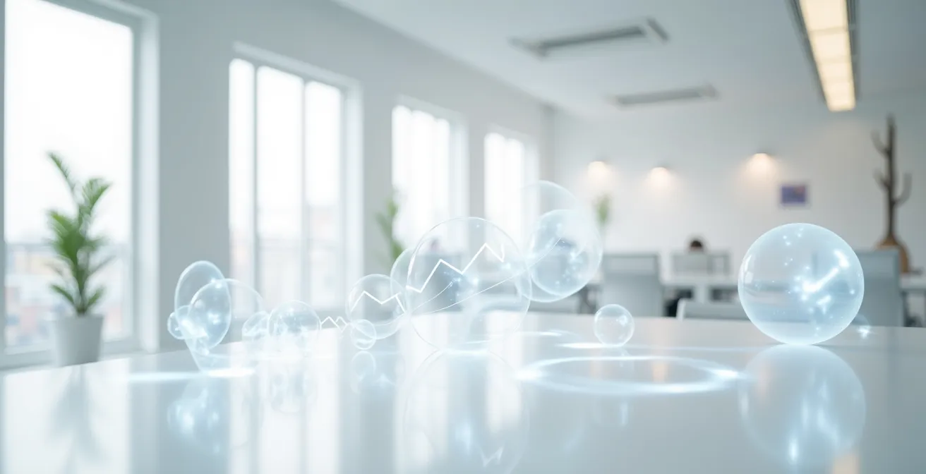 Espacio minimalista con visualización de datos flotantes mostrando progreso de reproducción de video