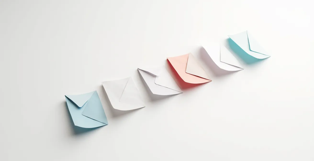 Composición minimalista con sobres de papel flotando en progresión ascendente contra fondo neutro