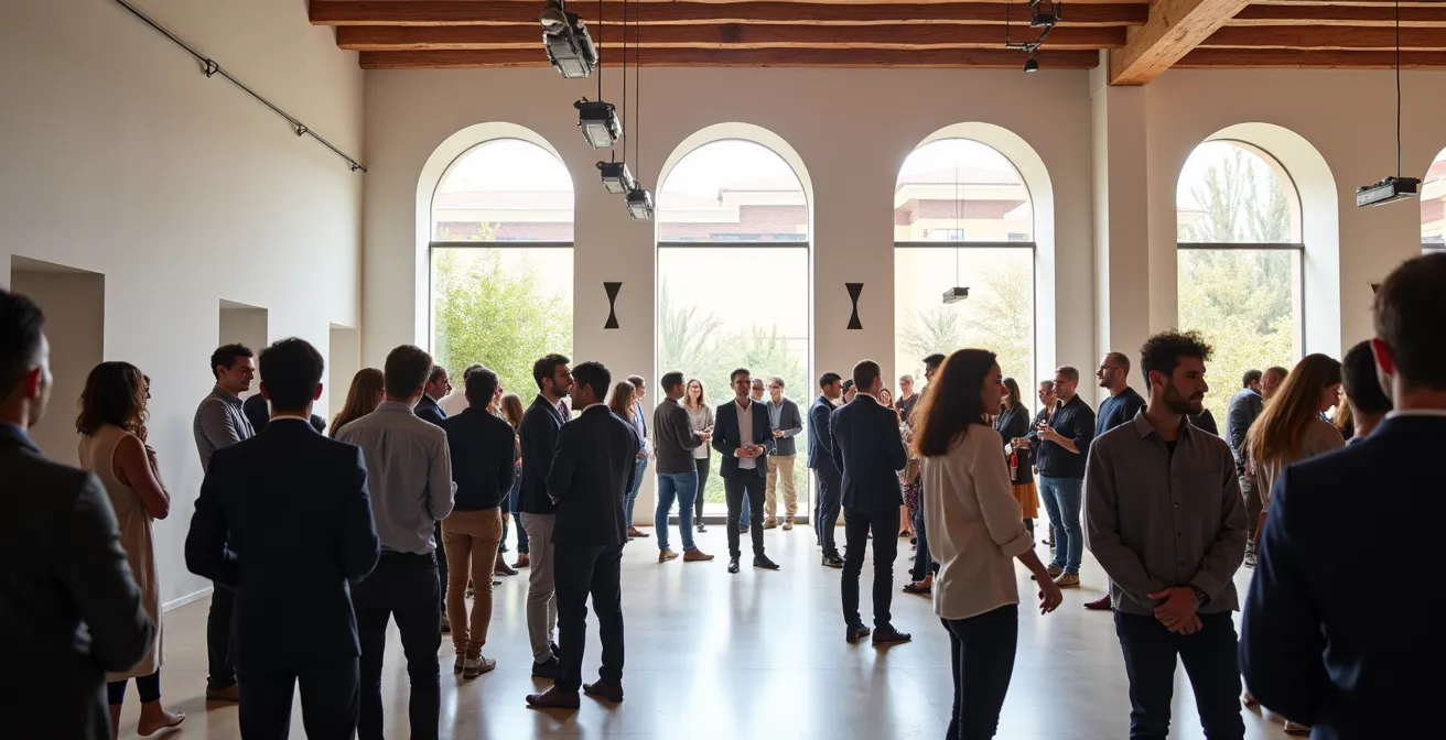 Profesionales intercambiando ideas en evento tecnológico con arquitectura española de fondo