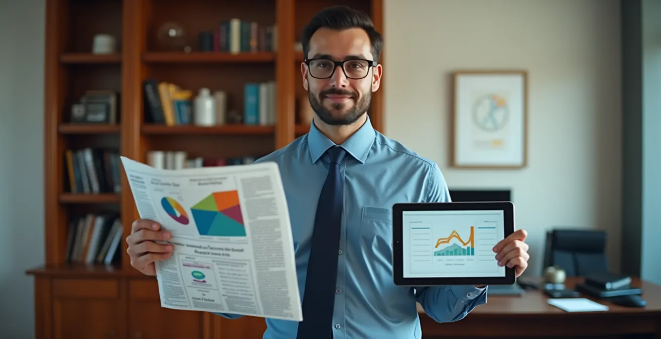 Un empresario en una oficina tradicional española compara un periódico físico con una tablet que muestra métricas de publicidad digital.
