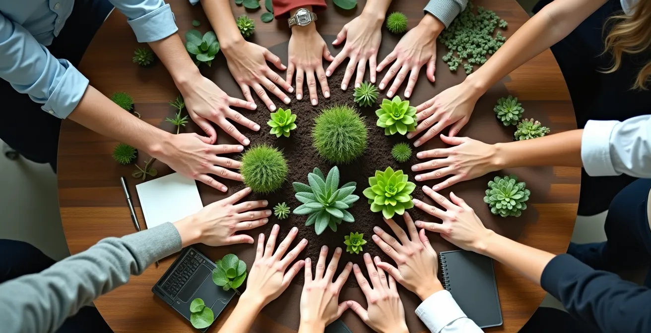 Vista amplia de espacio de trabajo colaborativo con empleados diversos trabajando en proyecto común