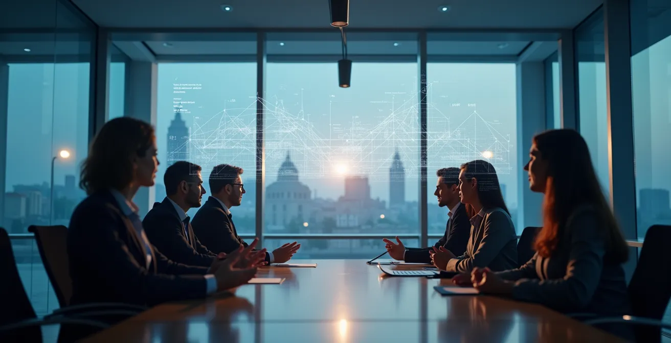 Reunión colaborativa entre equipos de marketing y ventas analizando datos en pantalla compartida