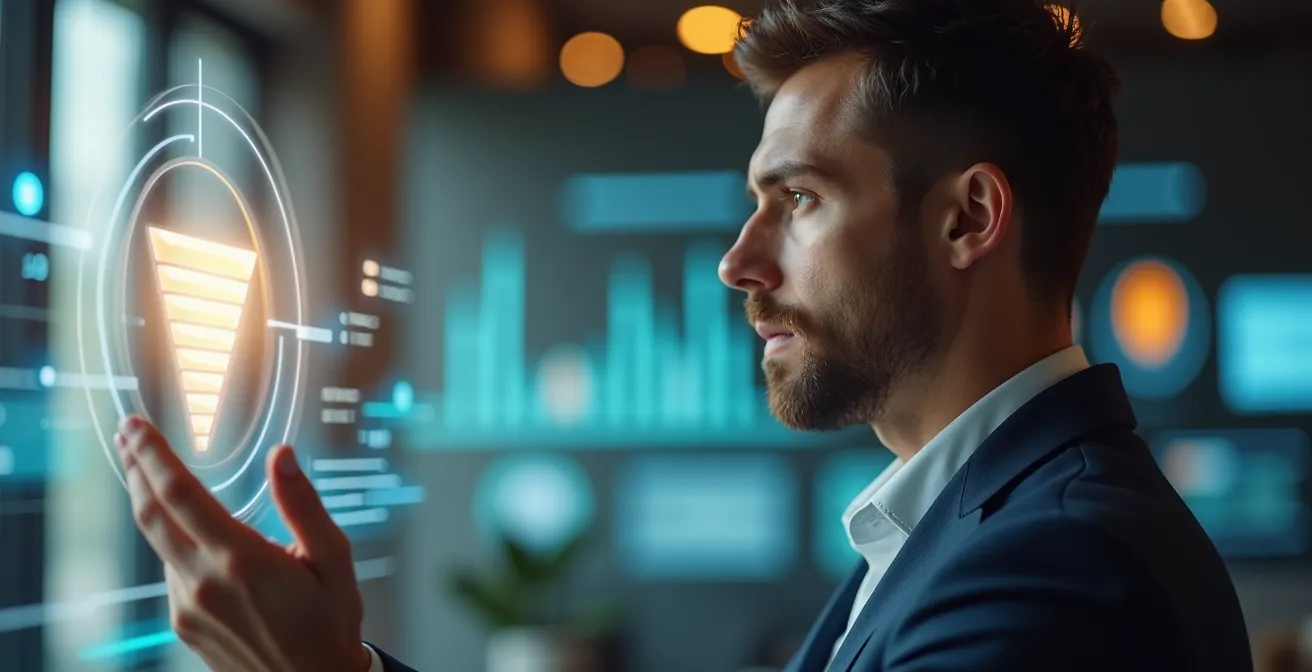 Profesional analizando embudos de conversión en pantallas múltiples con gráficos de segmentación