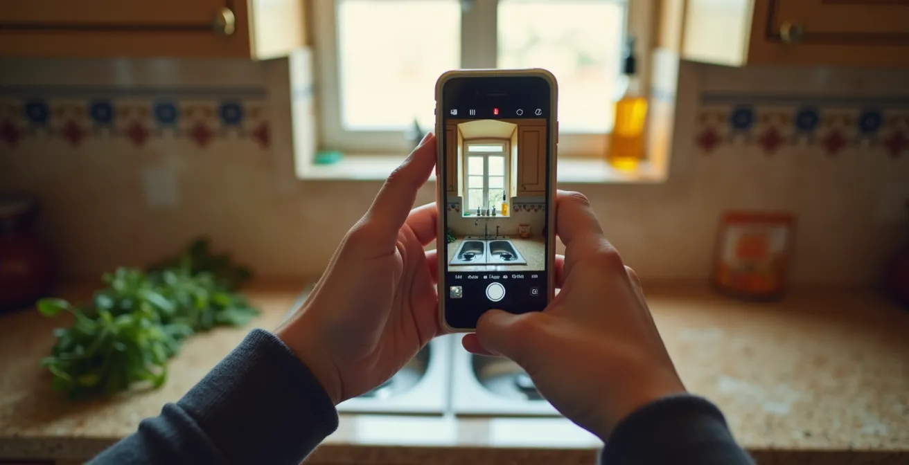 Persona grabando testimonio espontáneo con smartphone en cocina española