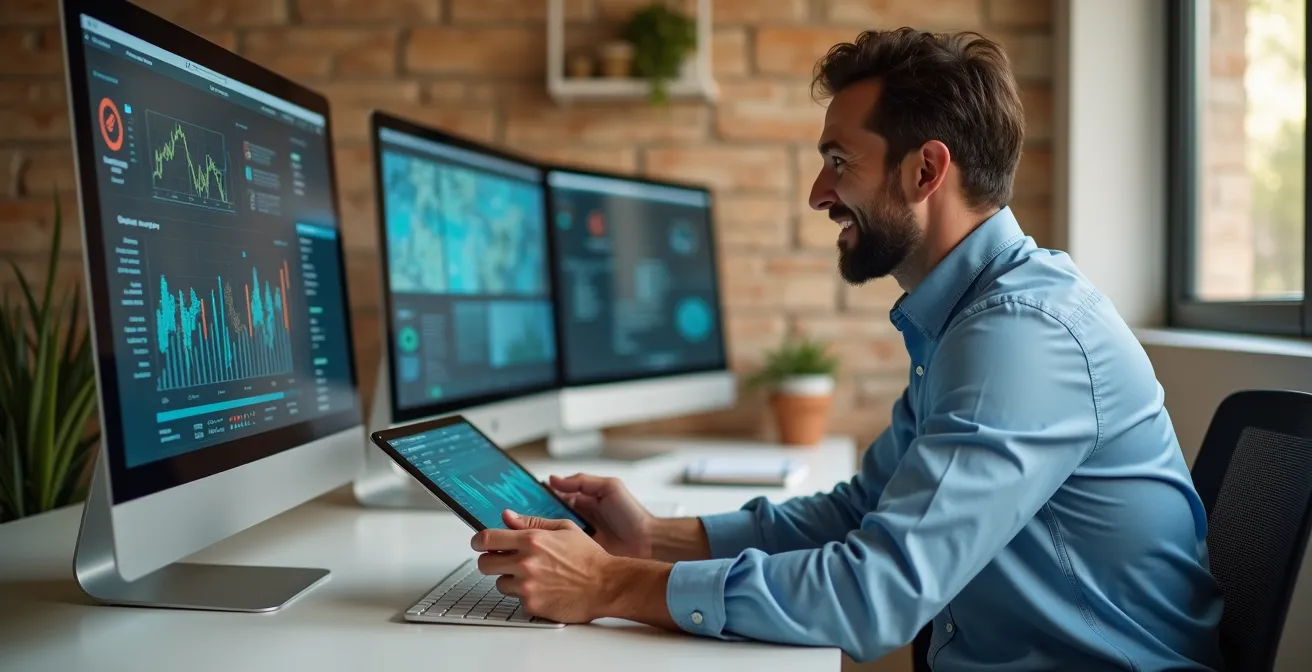 Espacio de trabajo moderno con herramientas digitales integradas reflejando la transformación empresarial