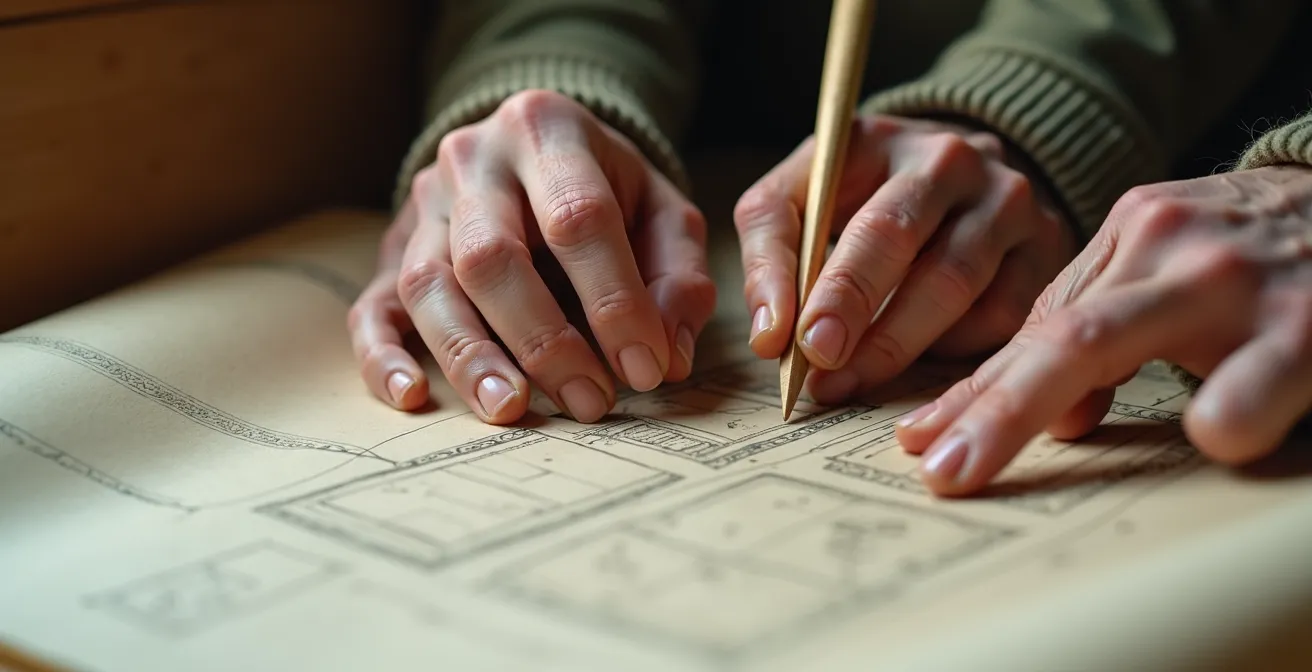 Manos de diferentes generaciones trabajando juntas sobre planos arquitectónicos tradicionales españoles