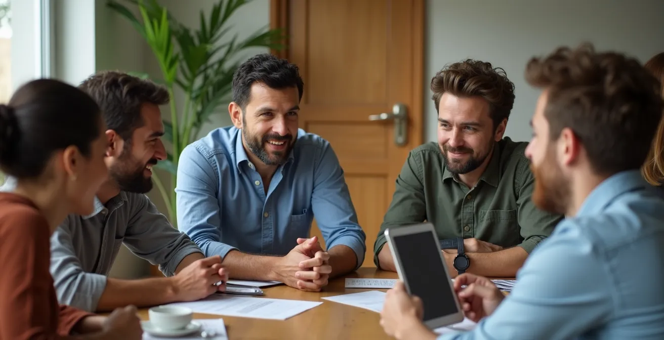 Empleados diversos en círculo compartiendo datos de sostenibilidad en tableta digital
